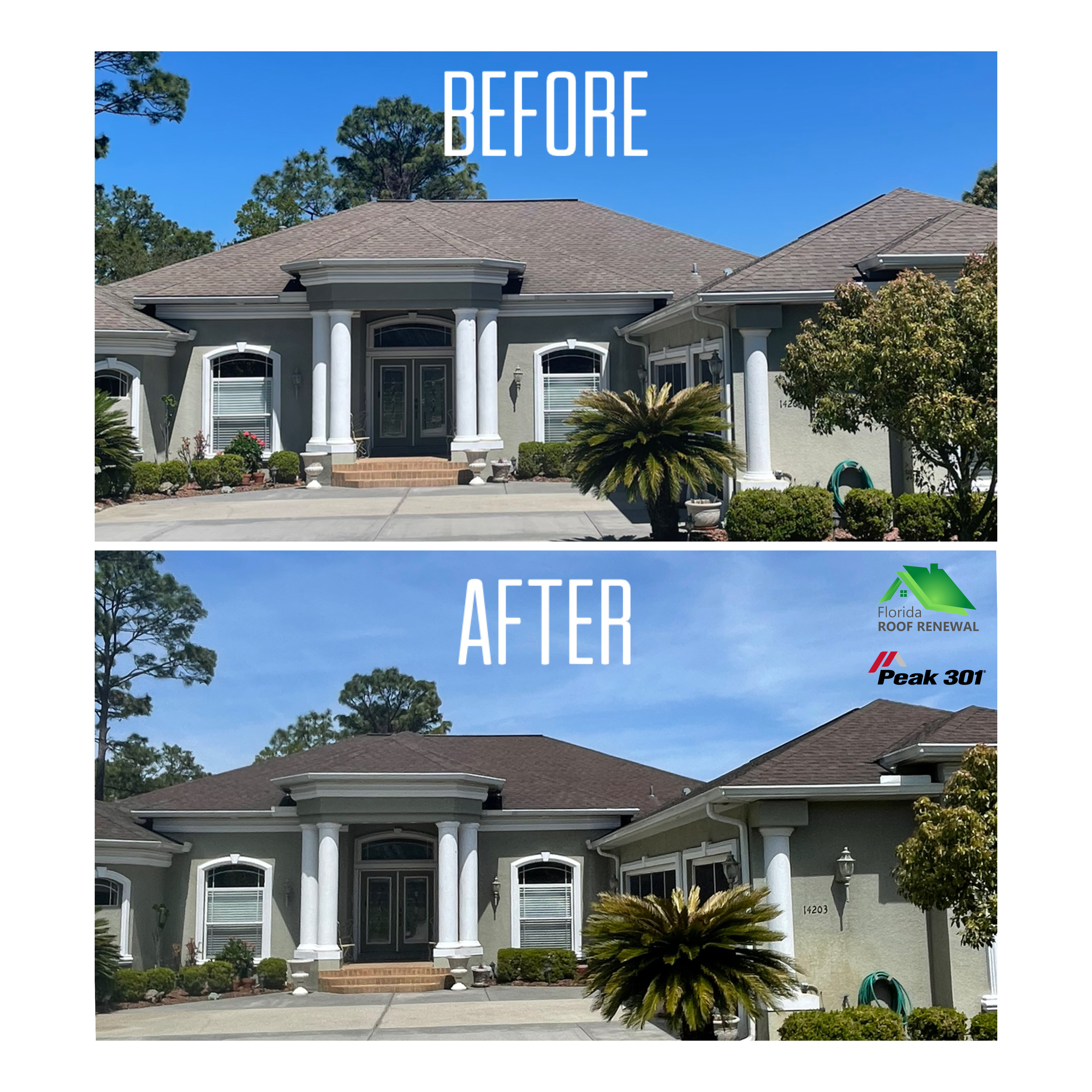 Before and after Peak 301 shingle rejuvenation treatment showing restored color and flexibility