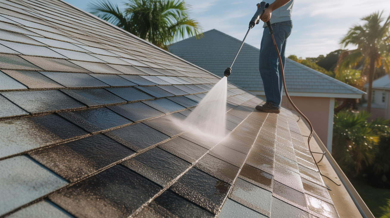 Professional soft wash roof cleaning in progress